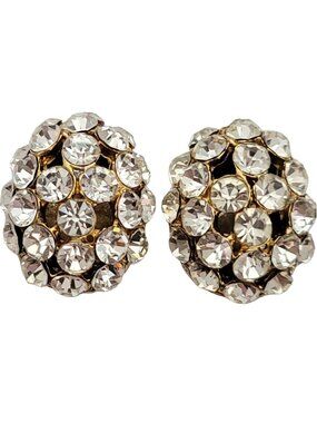 Donald Stannard Gold Tone Clear Rhinestone Oval Domed Clip On Earrings, E967